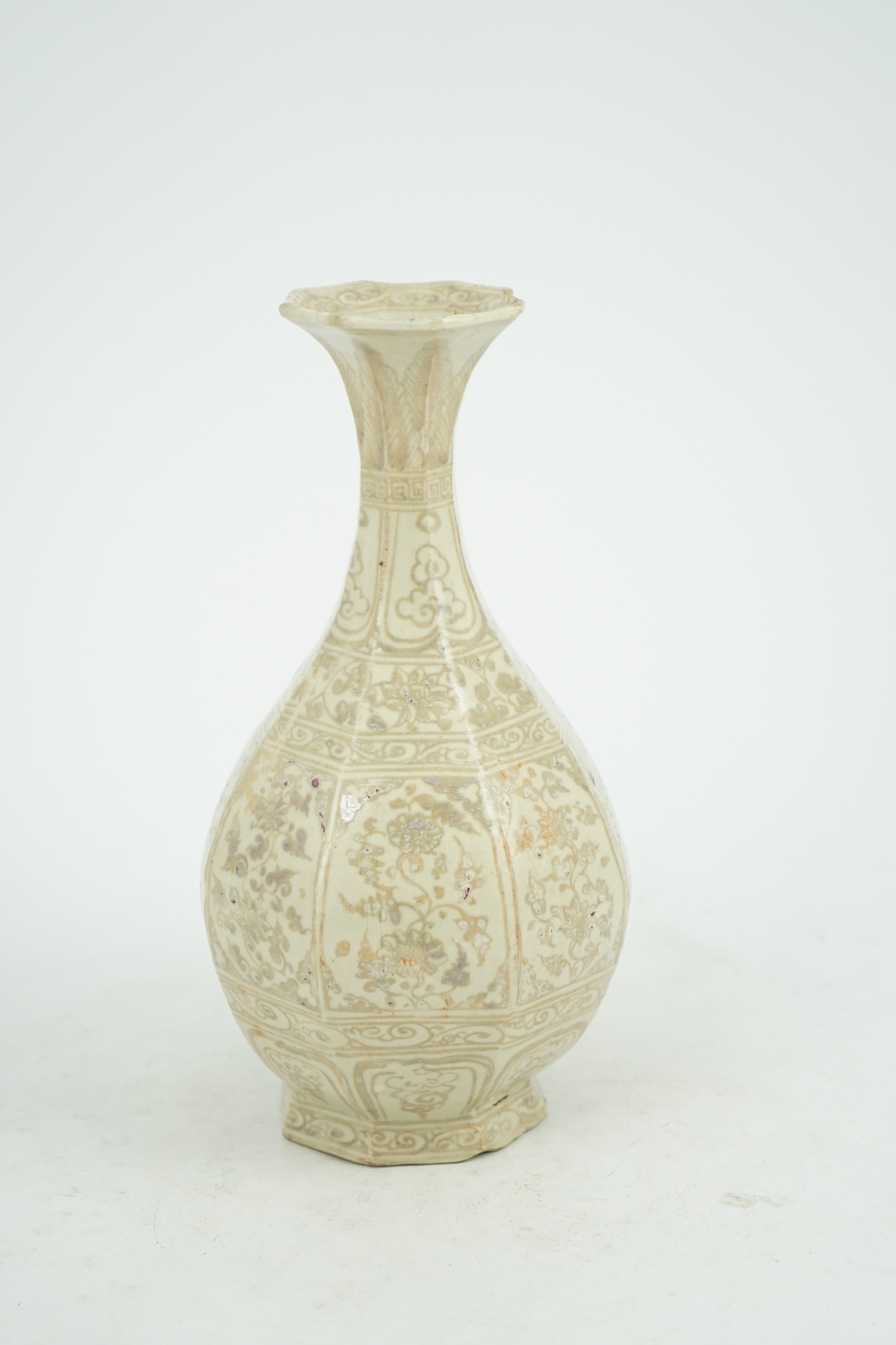 A Chinese underglaze copper red octagonal bottle vase, yuhuchunping, possibly Yuan or Hongwu period, Ming dynasty